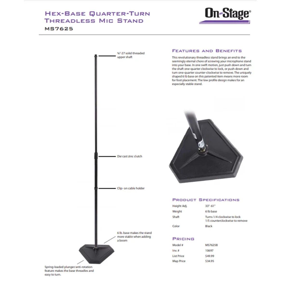 Chân micro On-Stage MS7625PG Pistol Grip Hex-Base - Ảnh 2
